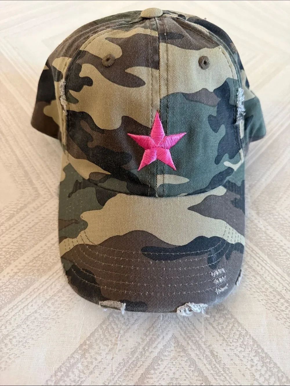 Women’s Camouflage Distressed Baseball Hat Pink Embroidered Star Adjustable Cap